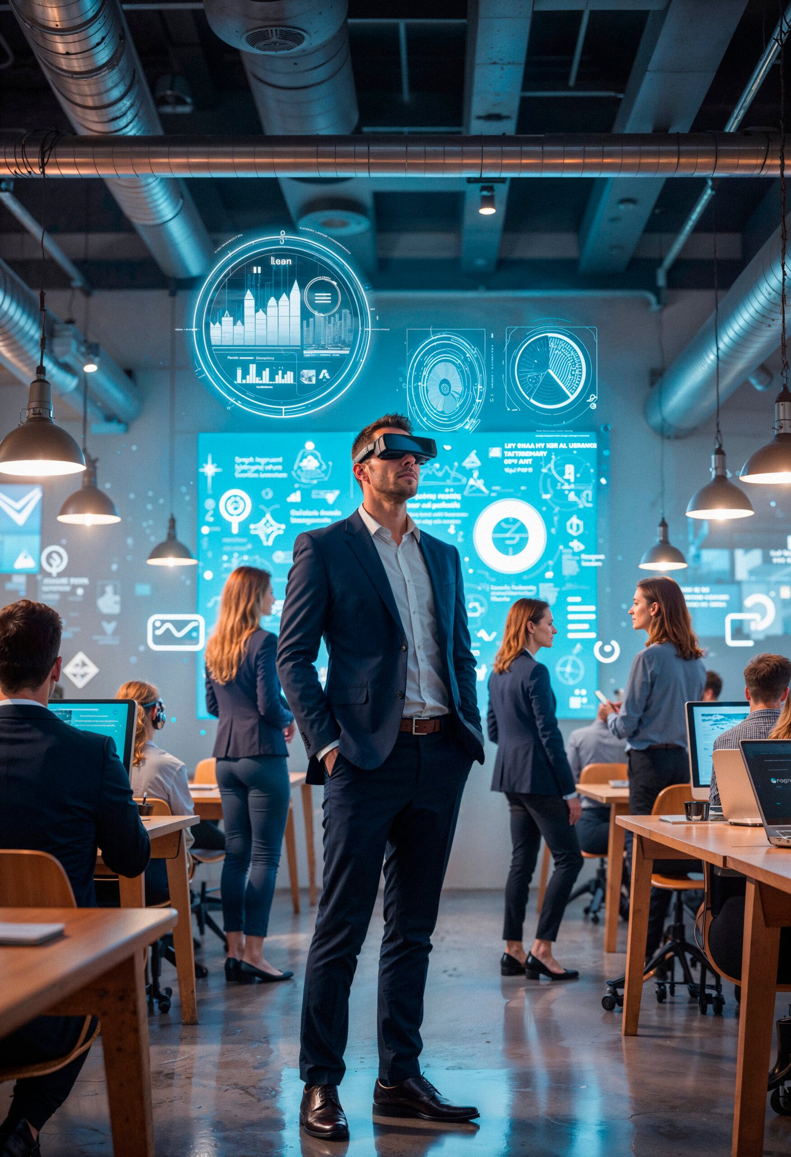 business team using vr headset modern office